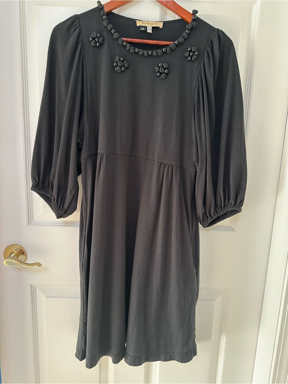 See by Chloé Black Embellished Puff Balloon Sleeve Dress Size 8 Pockets Lined